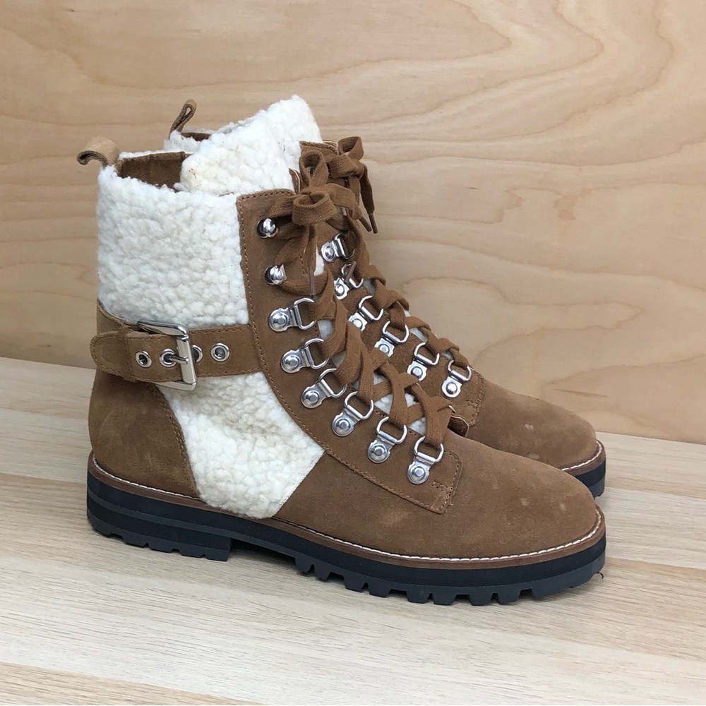 Steven Madden Womens Combat Boots Brown White Sherpa Lace Up Size 10M.